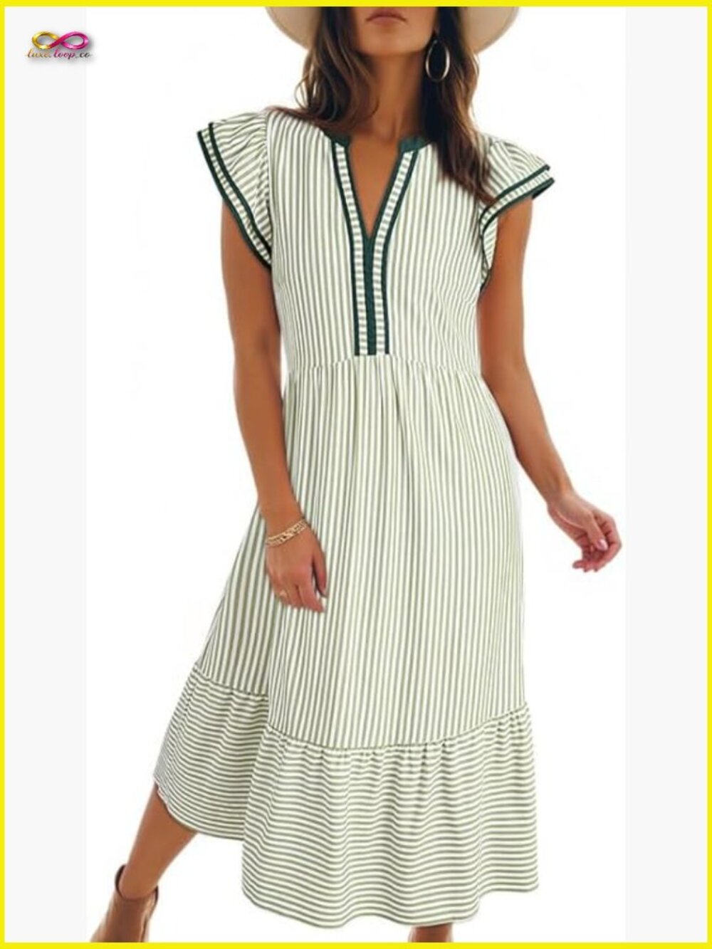 V-Neck Ruffle Cap Sleeve Empire Waist Flowy Striped Midi Maxi Dress with Pockets